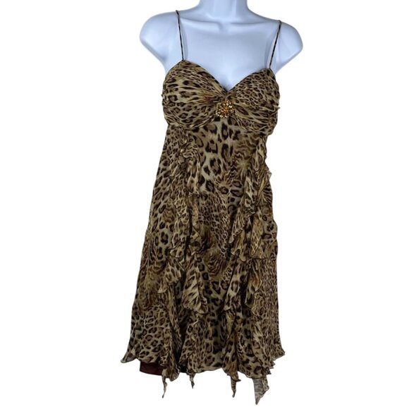 Ignite Evenings By Carol Lin Dress Babydoll Animal Print Silk Ruffles Sz 4 Y2K - Picture 1 of 16